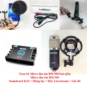 Bộ micro thu âm cao cấp BM900 + sound card K10 + dây livestream + Kẹp đỡ để bàn và màng lọc