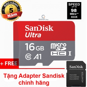Thẻ nhớ MicroSD SanDisk Ultra Class10 A1 16GB 98Mb/s tặng Adapter